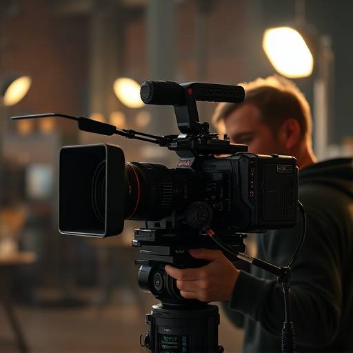 Câmera de cinema profissional sendo operada durante uma filmagem.