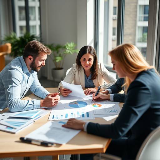 Equipe de marketing colaborando em uma mesa com gráficos e dados.
