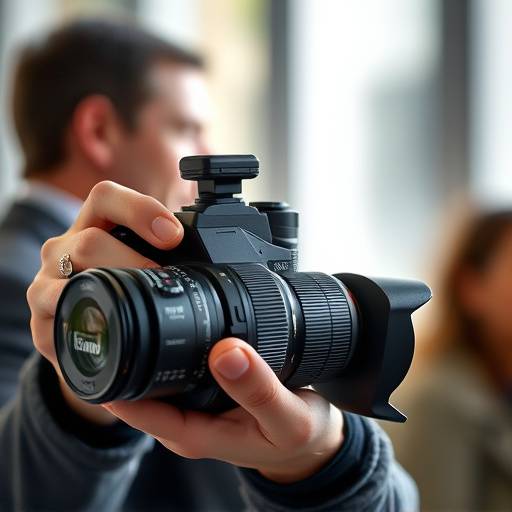 Fotógrafo profissional tirando uma foto com uma câmera DSLR.