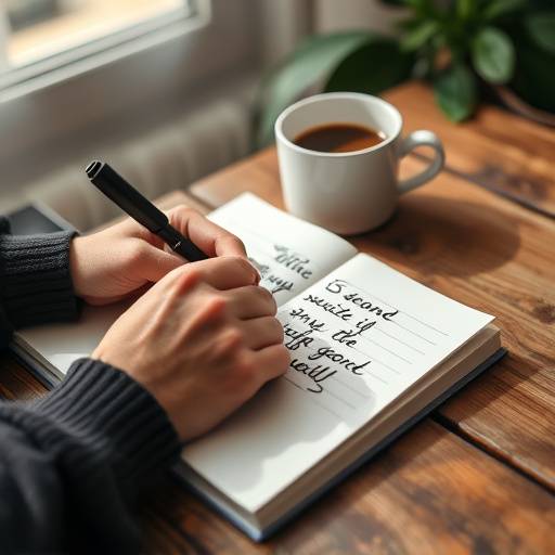 Mãos escrevendo um roteiro em um caderno, com uma xícara de café ao lado.
