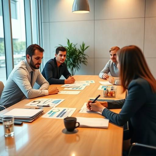 Pessoas colaborando em uma mesa com gráficos e dados de marketing.