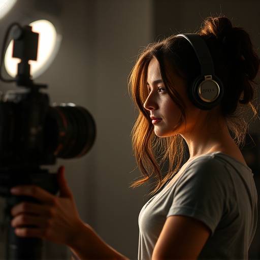 Retrato de Gabriela Mendes, ex-aluna do curso de Cinema e Produäão Audiovisual, trabalhando em um set de filmagem.