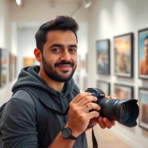 Retrato de Rafael Silva, ex-aluno do curso de Fotografia Digital e Arte Visual, expondo suas fotografias em uma galeria.