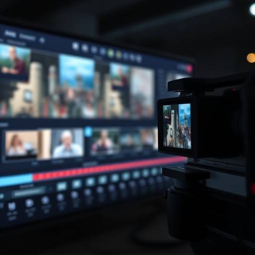 Software de ediäão de vídeo exibindo uma timeline complexa.