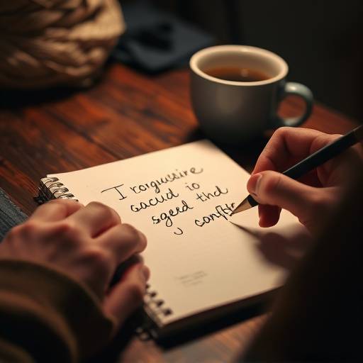 Uma pessoa escrevendo um roteiro em um caderno, com uma xícara de café ao lado.